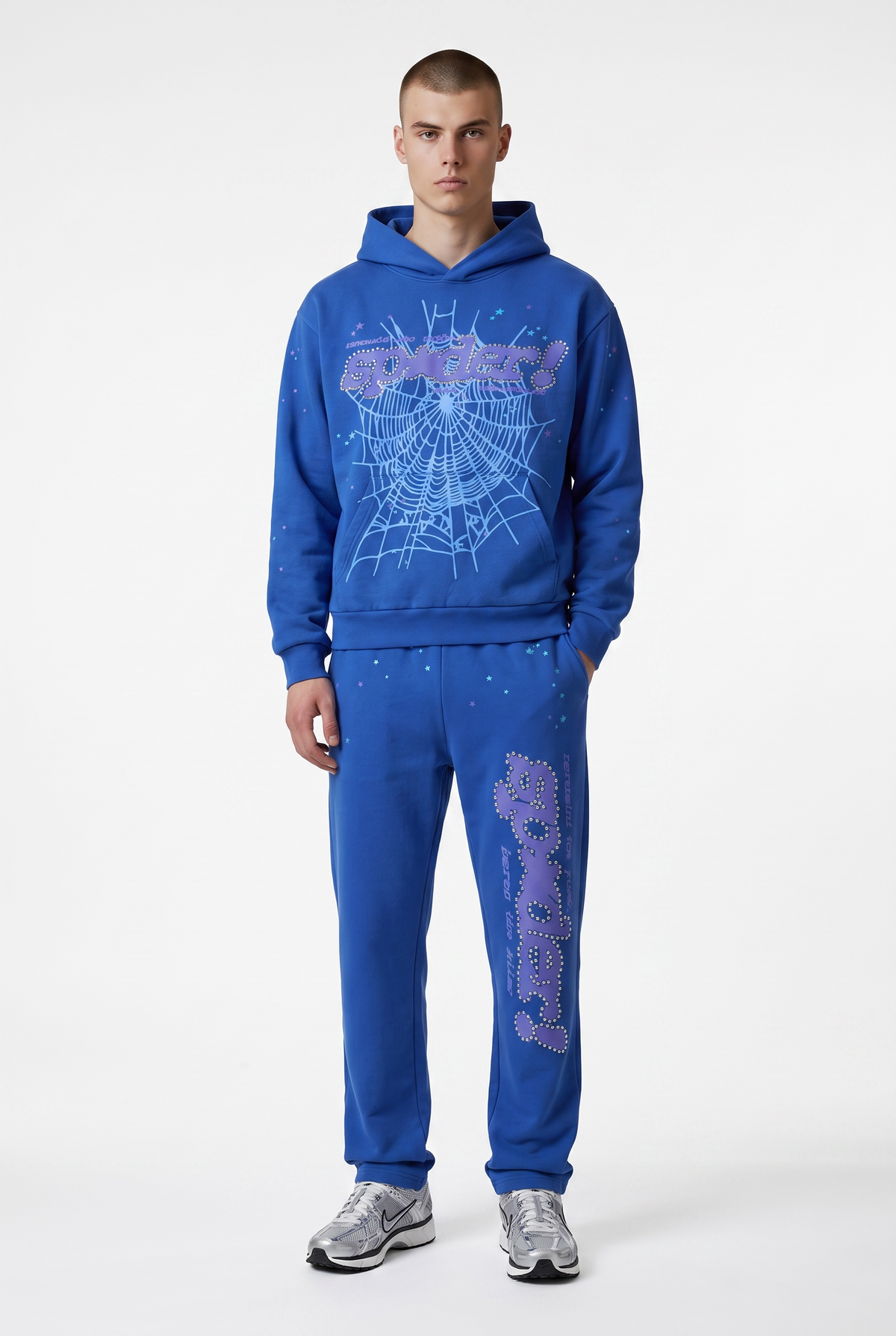 Sp5der Rhinestone Punk V2 Hoodie Blue